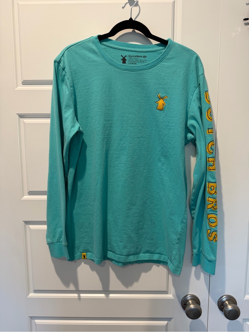 Dutch Bros Teal Cotton Long Sleeve Windmill Sleeve Logo Coffee Size Large
